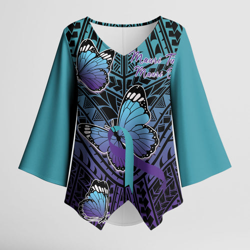 Personalised New Zealand Suicide Prevention Month Kimono Sleeve Blouse Maori Mauri Tu Mauri Ora Polynesian Pattern