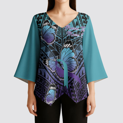 Personalised New Zealand Suicide Prevention Month Kimono Sleeve Blouse Maori Mauri Tu Mauri Ora Polynesian Pattern
