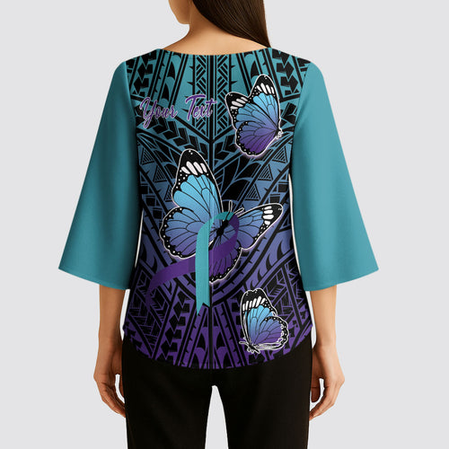 Personalised New Zealand Suicide Prevention Month Kimono Sleeve Blouse Maori Mauri Tu Mauri Ora Polynesian Pattern