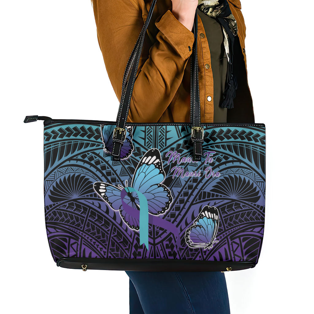 New Zealand Suicide Prevention Month Leather Tote Bag Maori Mauri Tu Mauri Ora Polynesian Pattern