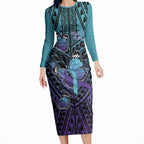 Personalised New Zealand Suicide Prevention Month Long Sleeve Bodycon Dress Maori Mauri Tu Mauri Ora Polynesian Pattern