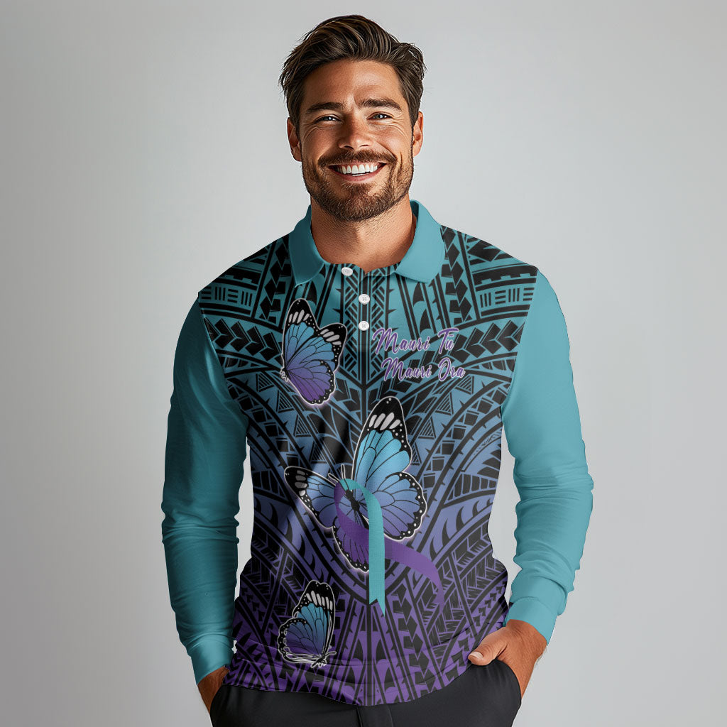 Personalised New Zealand Suicide Prevention Month Long Sleeve Polo Shirt Maori Mauri Tu Mauri Ora Polynesian Pattern