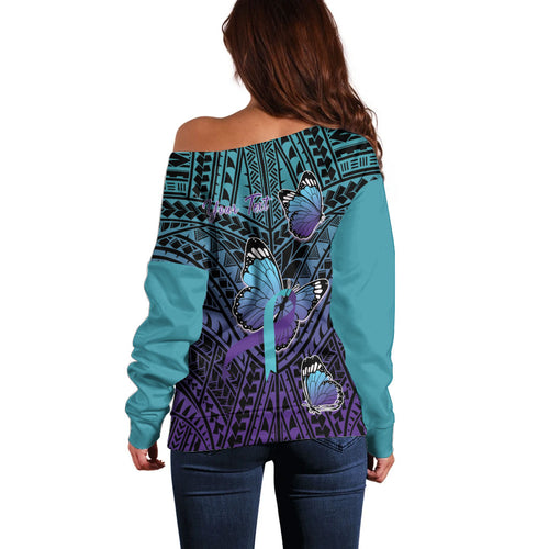 Personalised New Zealand Suicide Prevention Month Off Shoulder Sweater Maori Mauri Tu Mauri Ora Polynesian Pattern
