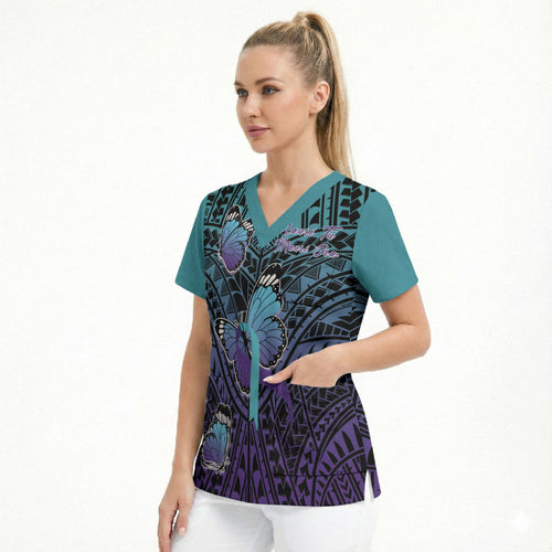 Personalised New Zealand Suicide Prevention Month Scrub Top Maori Mauri Tu Mauri Ora Polynesian Pattern