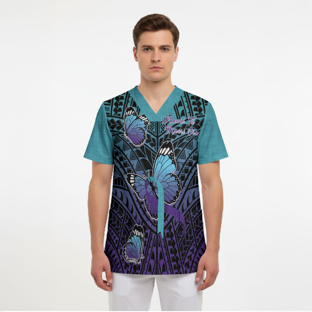 Personalised New Zealand Suicide Prevention Month Scrub Top Maori Mauri Tu Mauri Ora Polynesian Pattern