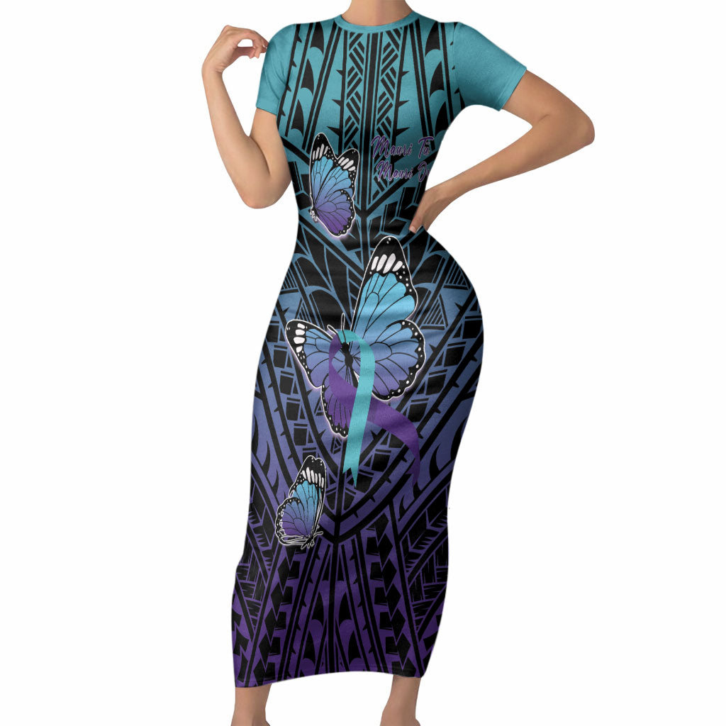 Personalised New Zealand Suicide Prevention Month Short Sleeve Bodycon Dress Maori Mauri Tu Mauri Ora Polynesian Pattern