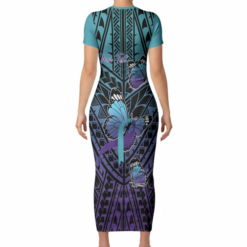Personalised New Zealand Suicide Prevention Month Short Sleeve Bodycon Dress Maori Mauri Tu Mauri Ora Polynesian Pattern