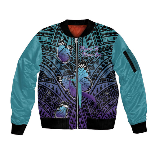 Personalised New Zealand Suicide Prevention Month Sleeve Zip Bomber Jacket Maori Mauri Tu Mauri Ora Polynesian Pattern