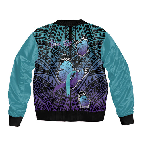 Personalised New Zealand Suicide Prevention Month Sleeve Zip Bomber Jacket Maori Mauri Tu Mauri Ora Polynesian Pattern