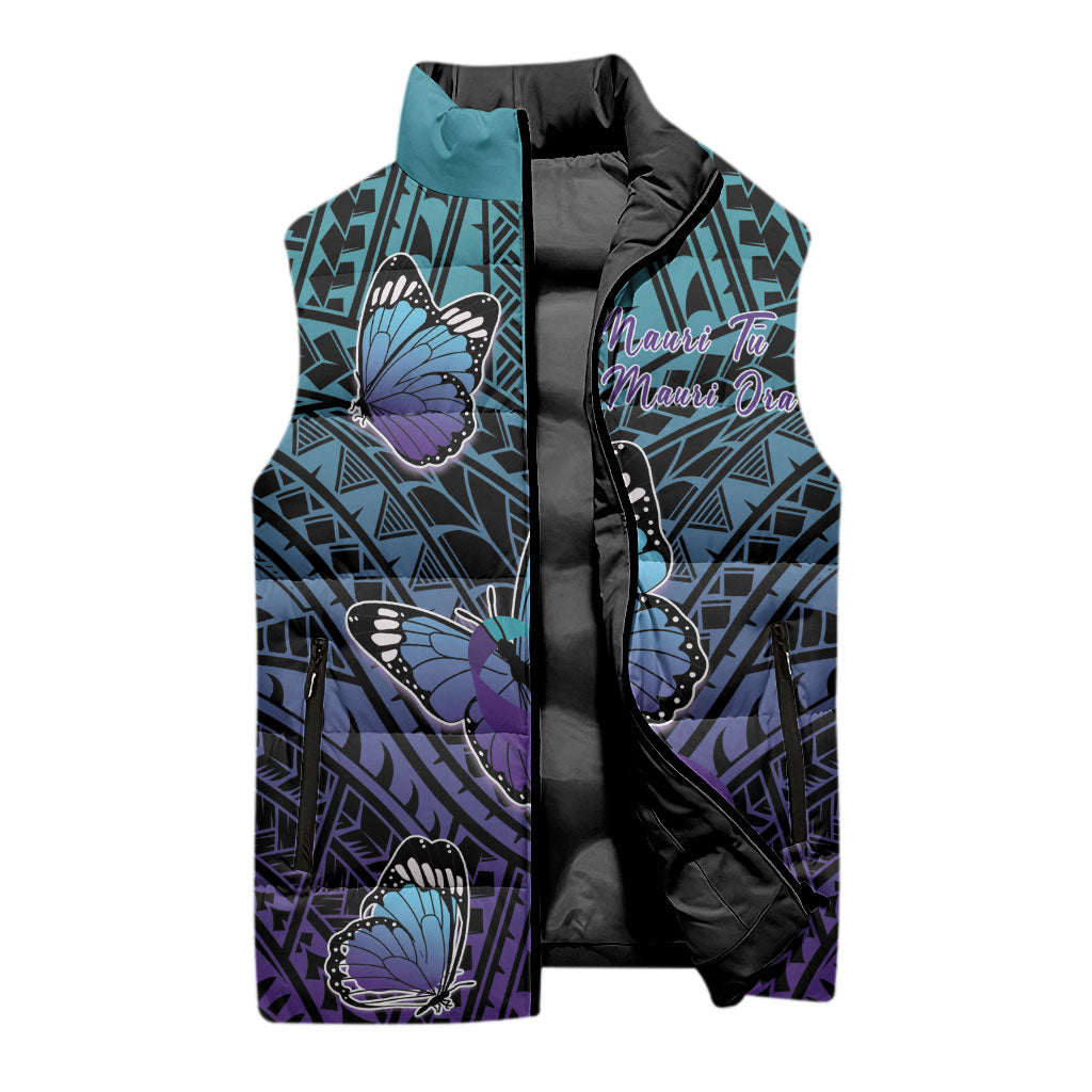 Personalised New Zealand Suicide Prevention Month Sleeveless Puffer Jacket Maori Mauri Tu Mauri Ora Polynesian Pattern