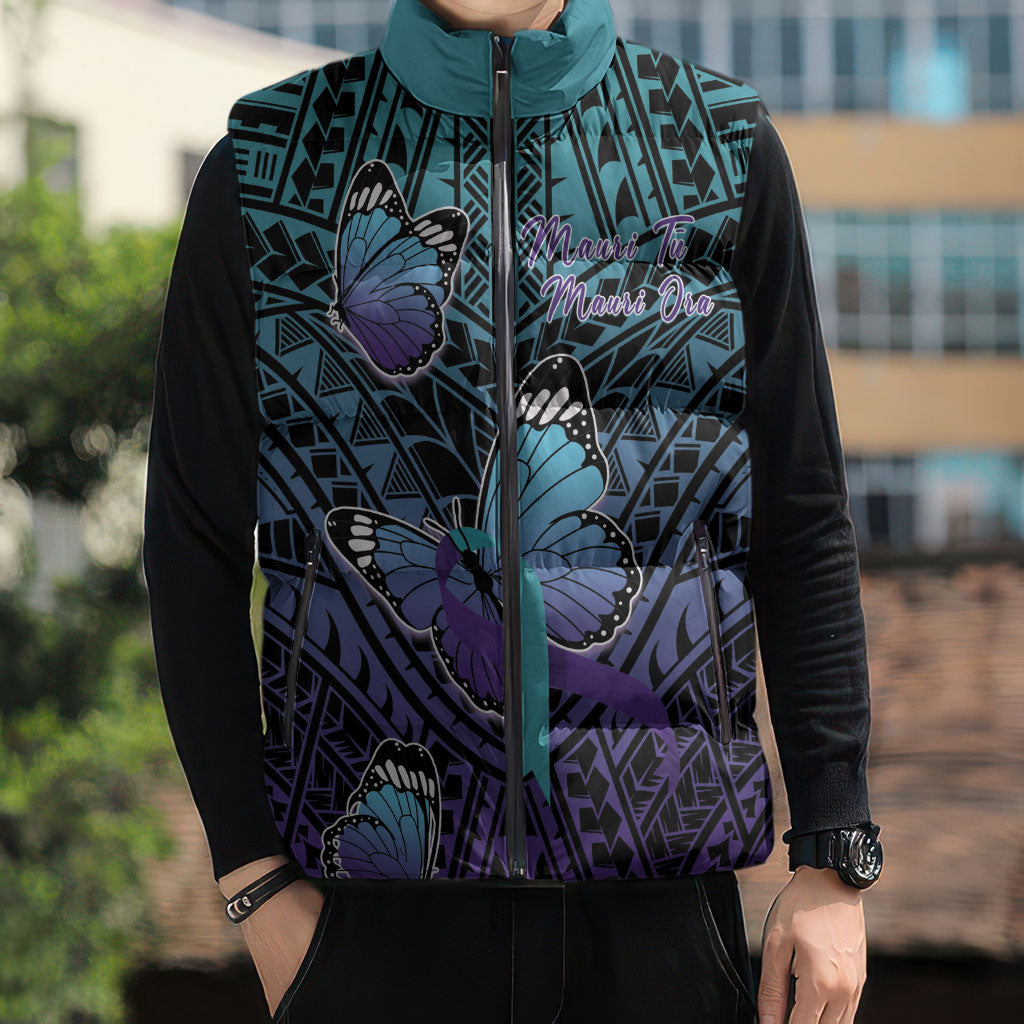 Personalised New Zealand Suicide Prevention Month Sleeveless Puffer Jacket Maori Mauri Tu Mauri Ora Polynesian Pattern