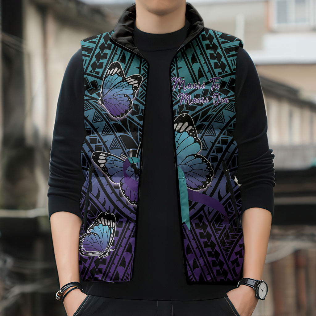 Personalised New Zealand Suicide Prevention Month Sleeveless Puffer Jacket Maori Mauri Tu Mauri Ora Polynesian Pattern