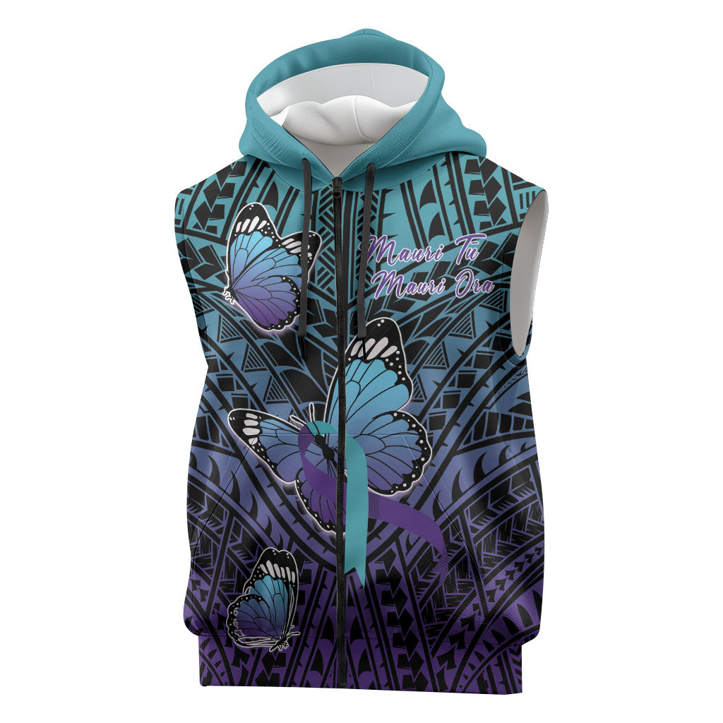 Personalised New Zealand Suicide Prevention Month Sleeveless Zip Hoodie Maori Mauri Tu Mauri Ora Polynesian Pattern