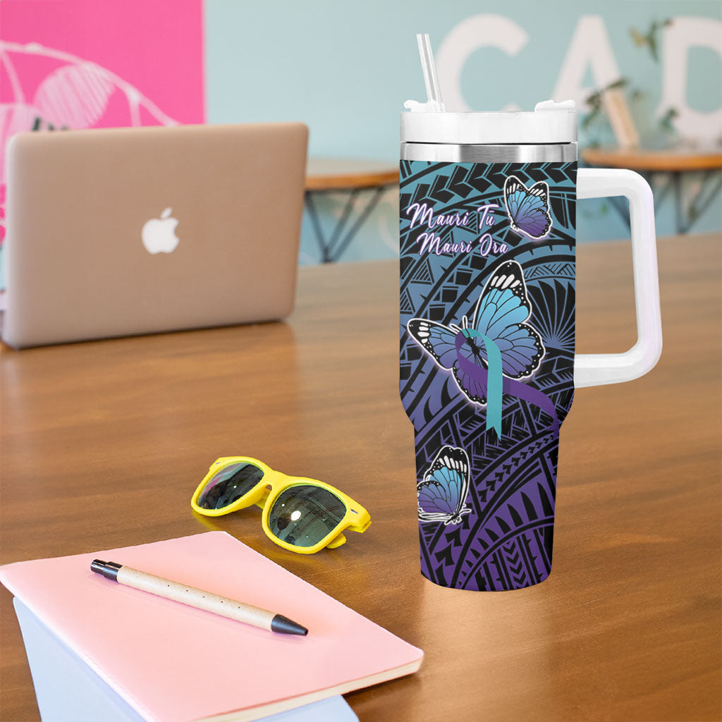 Personalised New Zealand Suicide Prevention Month Tumbler With Handle Maori Mauri Tu Mauri Ora Polynesian Pattern