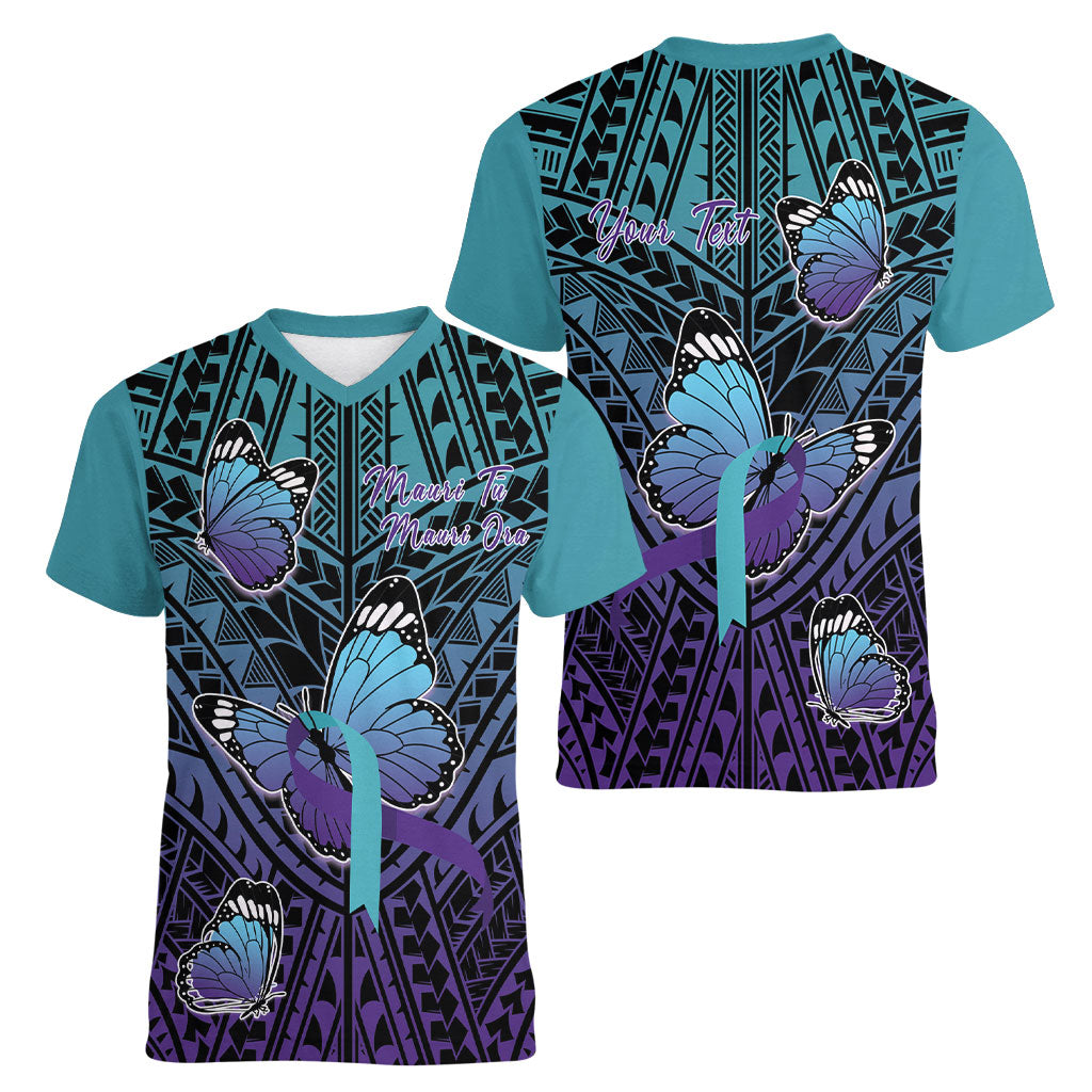 Personalised New Zealand Suicide Prevention Month Women V-Neck T-Shirt Maori Mauri Tu Mauri Ora Polynesian Pattern