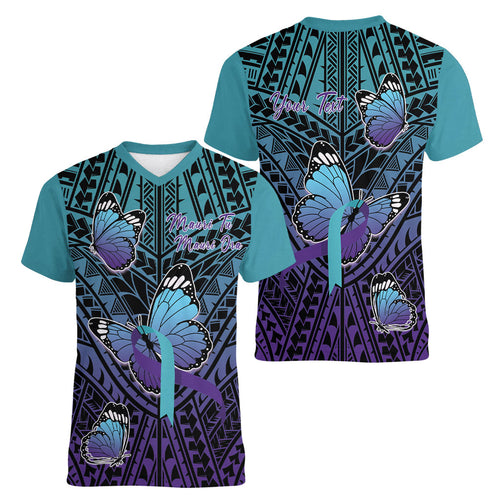 Personalised New Zealand Suicide Prevention Month Women V-Neck T-Shirt Maori Mauri Tu Mauri Ora Polynesian Pattern