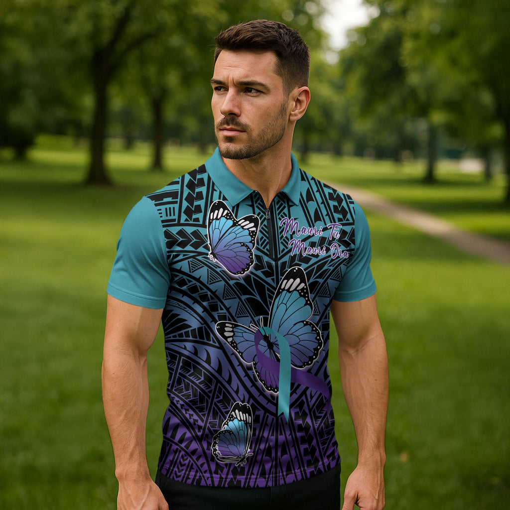 Personalised New Zealand Suicide Prevention Month Zipper Polo Shirt Maori Mauri Tu Mauri Ora Polynesian Pattern