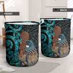 New Zealand Tui Bird Wahaika Laundry Basket Maori Weapon Paua Shell Koru Pattern