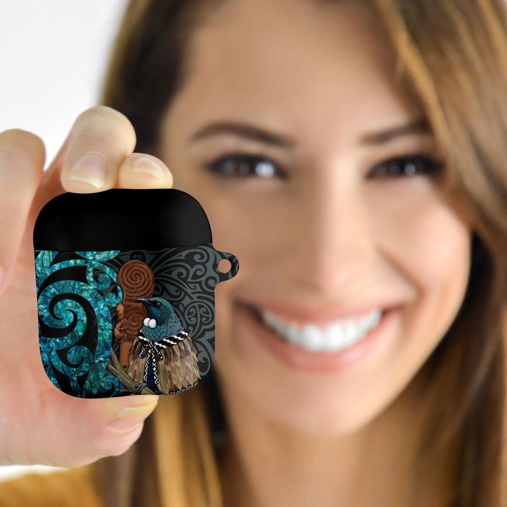 New Zealand Tui Bird Wahaika AirPods Case Maori Weapon Paua Shell Koru Pattern