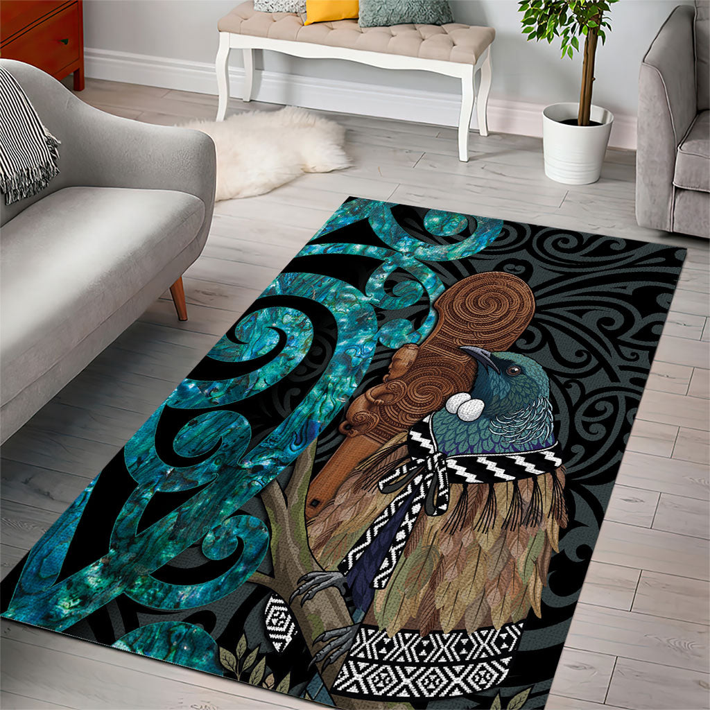 New Zealand Tui Bird Wahaika Area Rug Maori Weapon Paua Shell Koru Pattern