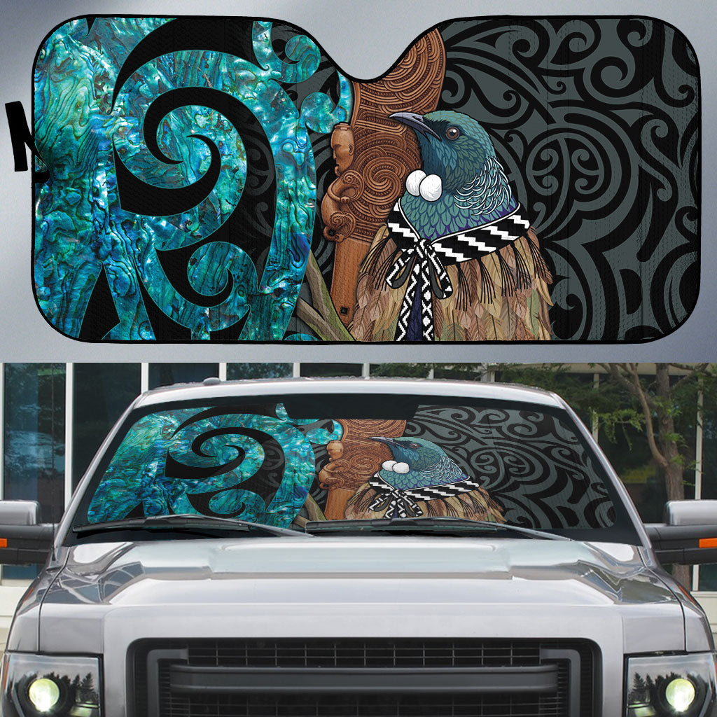 New Zealand Tui Bird Wahaika Auto Sun Shade Maori Weapon Paua Shell Koru Pattern