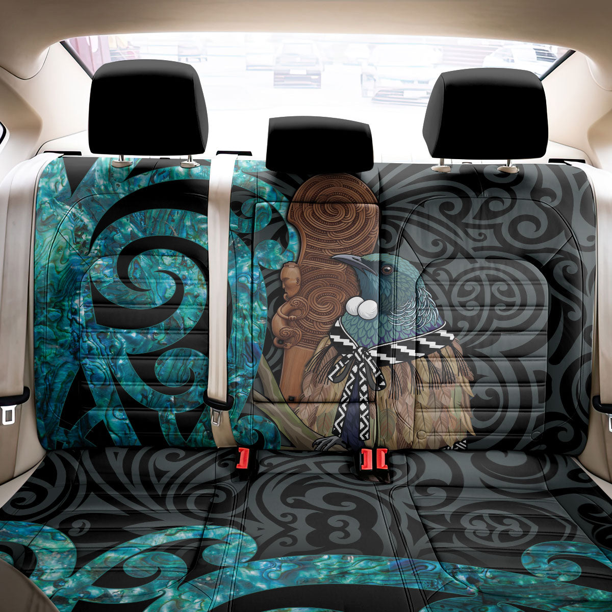 New Zealand Tui Bird Wahaika Back Car Seat Cover Maori Weapon Paua Shell Koru Pattern