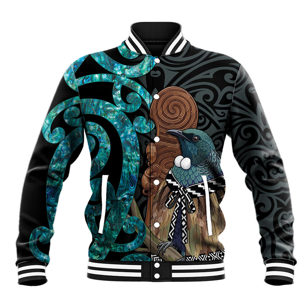 New Zealand Tui Bird Wahaika Baseball Jacket Maori Weapon Paua Shell Koru Pattern