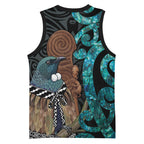 New Zealand Tui Bird Wahaika Basketball Jersey Maori Weapon Paua Shell Koru Pattern