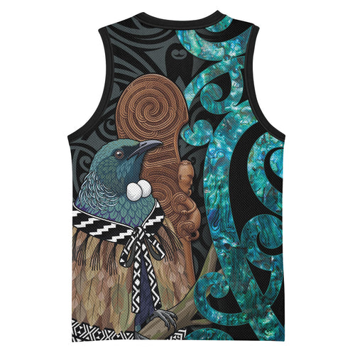 New Zealand Tui Bird Wahaika Basketball Jersey Maori Weapon Paua Shell Koru Pattern