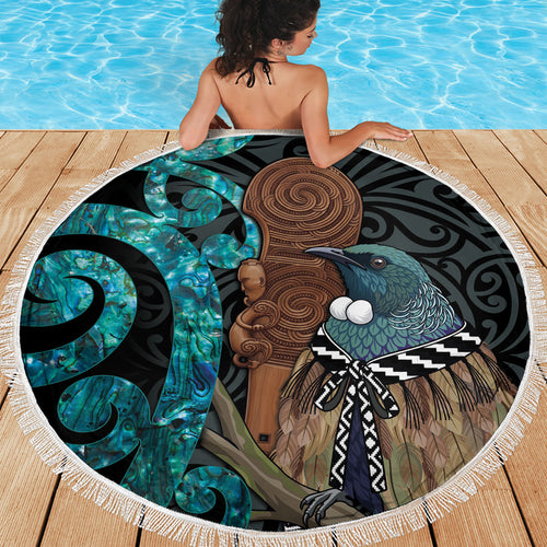 New Zealand Tui Bird Wahaika Beach Blanket Maori Weapon Paua Shell Koru Pattern