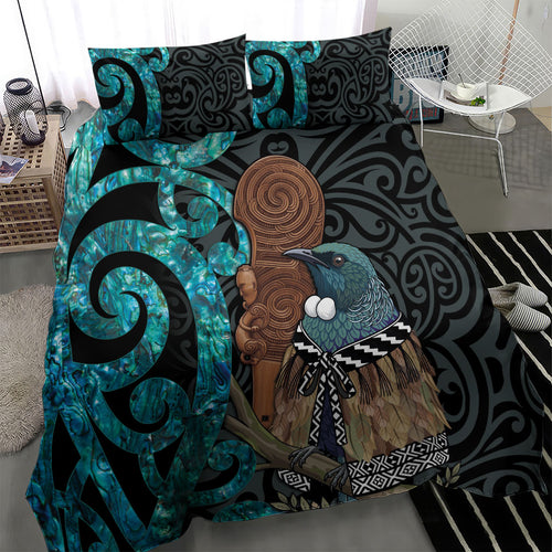 New Zealand Tui Bird Wahaika Bedding Set Maori Weapon Paua Shell Koru Pattern