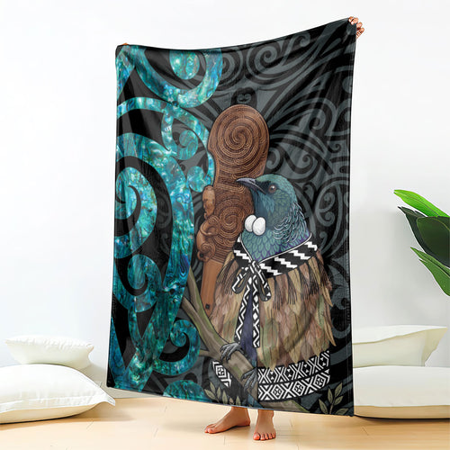 New Zealand Tui Bird Wahaika Blanket Maori Weapon Paua Shell Koru Pattern