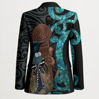 New Zealand Tui Bird Wahaika Blazer Maori Weapon Paua Shell Koru Pattern
