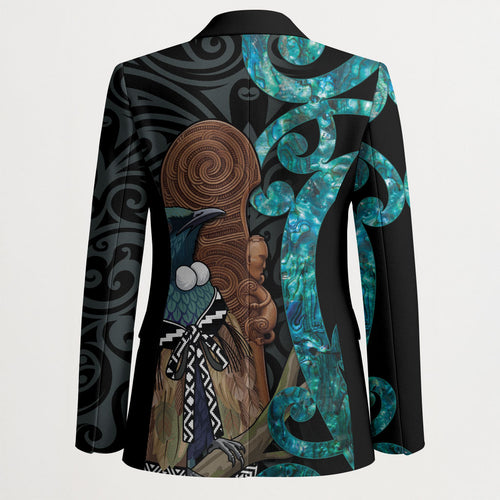New Zealand Tui Bird Wahaika Blazer Maori Weapon Paua Shell Koru Pattern
