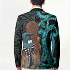 New Zealand Tui Bird Wahaika Blazer Maori Weapon Paua Shell Koru Pattern