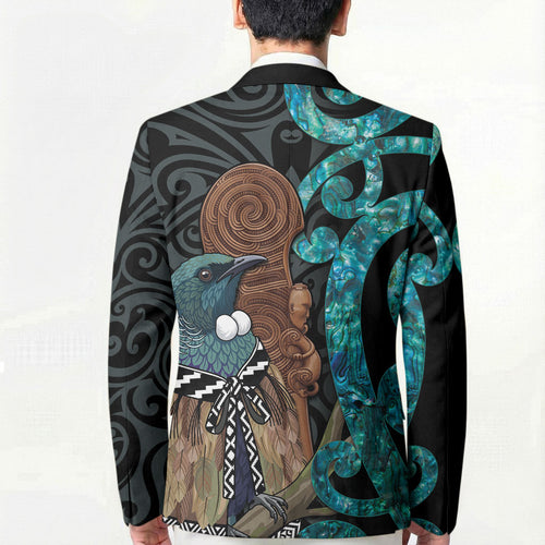New Zealand Tui Bird Wahaika Blazer Maori Weapon Paua Shell Koru Pattern