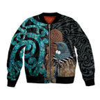 New Zealand Tui Bird Wahaika Bomber Jacket Maori Weapon Paua Shell Koru Pattern