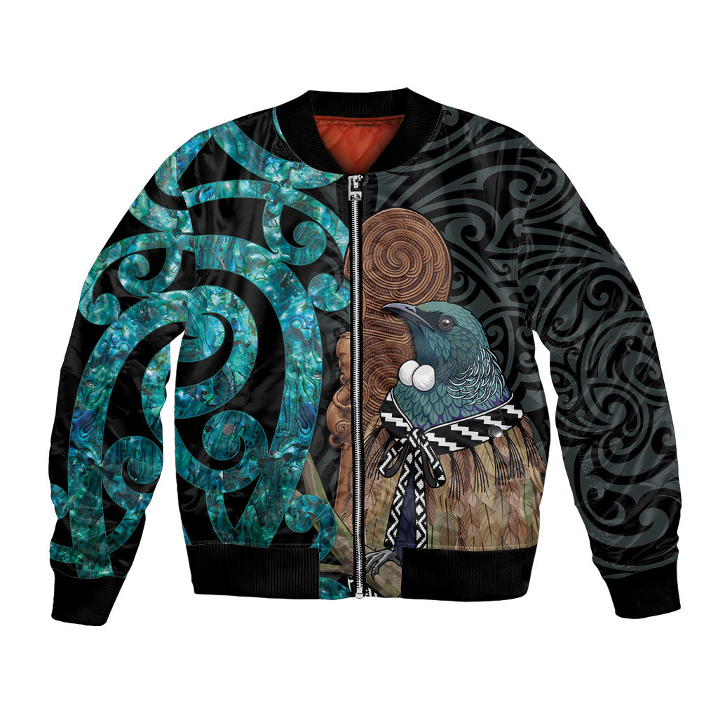New Zealand Tui Bird Wahaika Bomber Jacket Maori Weapon Paua Shell Koru Pattern