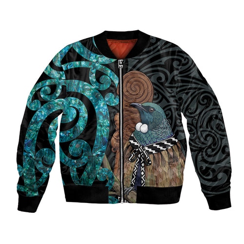 New Zealand Tui Bird Wahaika Bomber Jacket Maori Weapon Paua Shell Koru Pattern