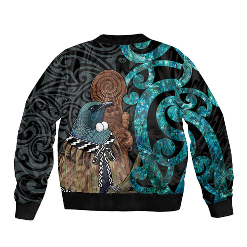 New Zealand Tui Bird Wahaika Bomber Jacket Maori Weapon Paua Shell Koru Pattern