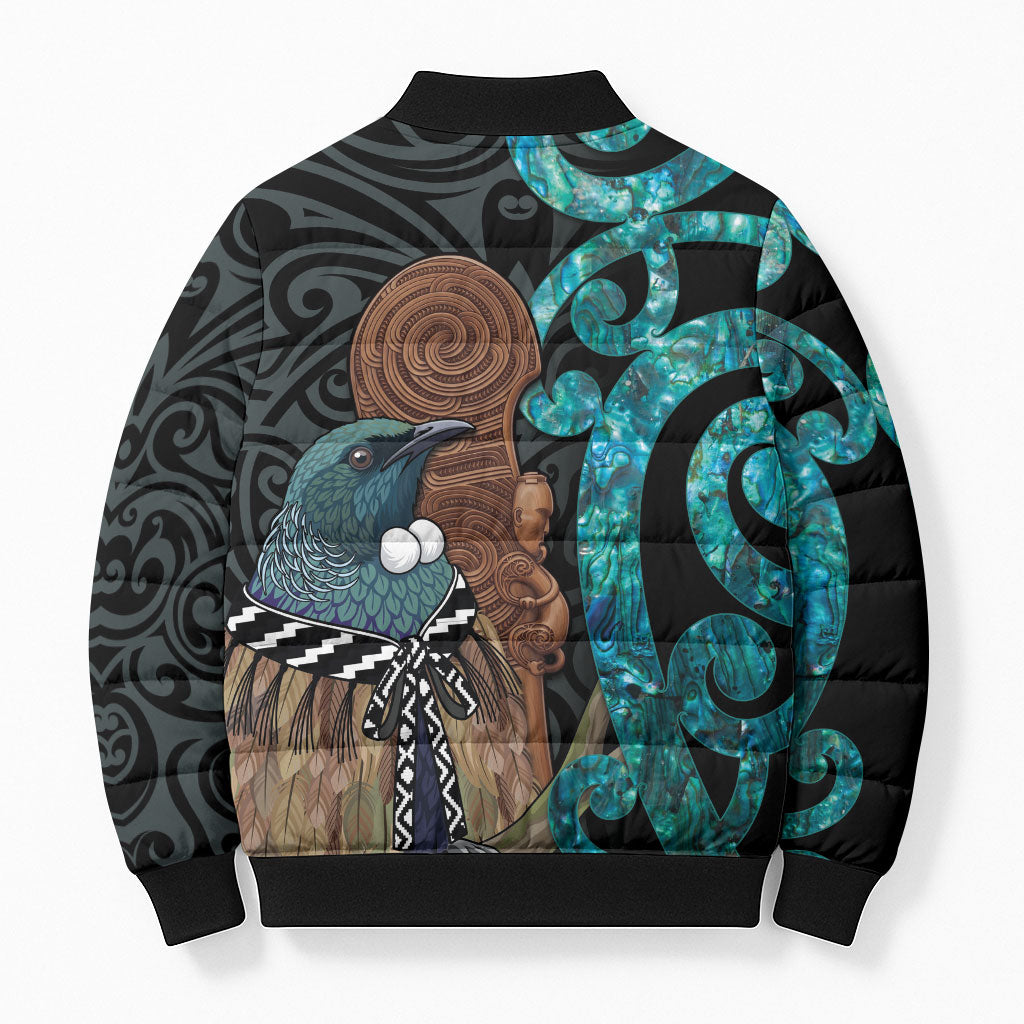 New Zealand Tui Bird Wahaika Bomber Puffer Jacket Maori Weapon Paua Shell Koru Pattern