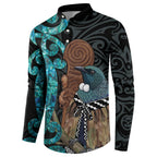 New Zealand Tui Bird Wahaika Button Sweatshirt Maori Weapon Paua Shell Koru Pattern