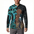 New Zealand Tui Bird Wahaika Button Sweatshirt Maori Weapon Paua Shell Koru Pattern