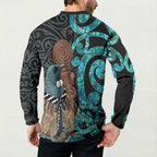 New Zealand Tui Bird Wahaika Button Sweatshirt Maori Weapon Paua Shell Koru Pattern