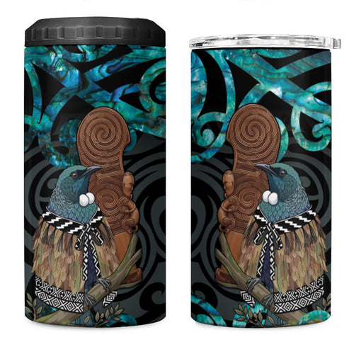 New Zealand Tui Bird Wahaika 4 in 1 Can Cooler Tumbler Maori Weapon Paua Shell Koru Pattern