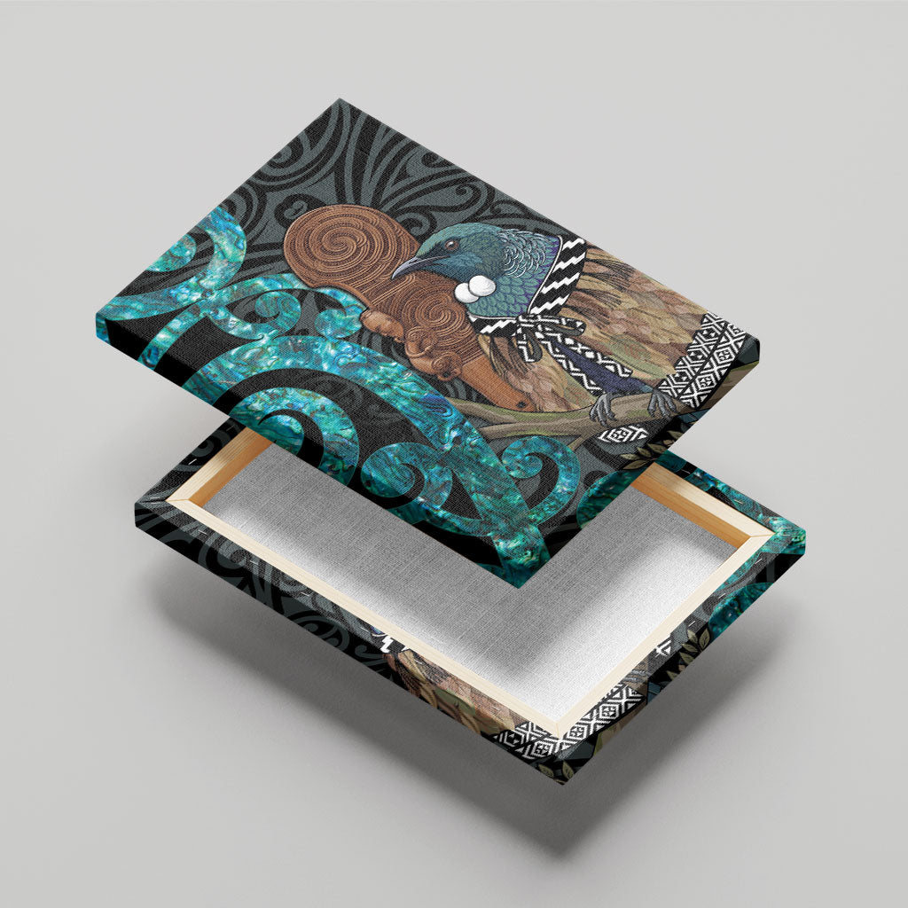 New Zealand Tui Bird Wahaika Canvas Wall Art Maori Weapon Paua Shell Koru Pattern