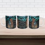 New Zealand Tui Bird Wahaika Ceramic Mug Maori Weapon Paua Shell Koru Pattern