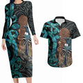 New Zealand Tui Bird Wahaika Couples Matching Long Sleeve Bodycon Dress and Hawaiian Shirt Maori Weapon Paua Shell Koru Pattern