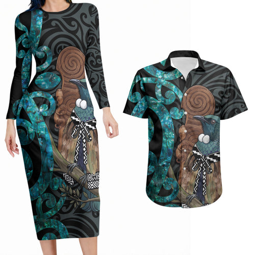 New Zealand Tui Bird Wahaika Couples Matching Long Sleeve Bodycon Dress and Hawaiian Shirt Maori Weapon Paua Shell Koru Pattern
