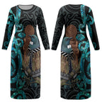 New Zealand Tui Bird Wahaika Couples Matching Long Sleeve Bodycon Dress and Hawaiian Shirt Maori Weapon Paua Shell Koru Pattern